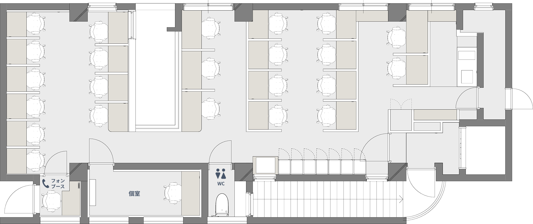 シェアオフィスの全体平面図。パーティションで区切られた集中ブース席、個室、共有エリアの配置詳細